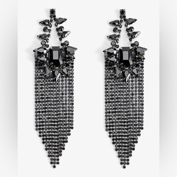 NWT Express Black Stone Fringe Drop Earrings - Picture 2 of 4